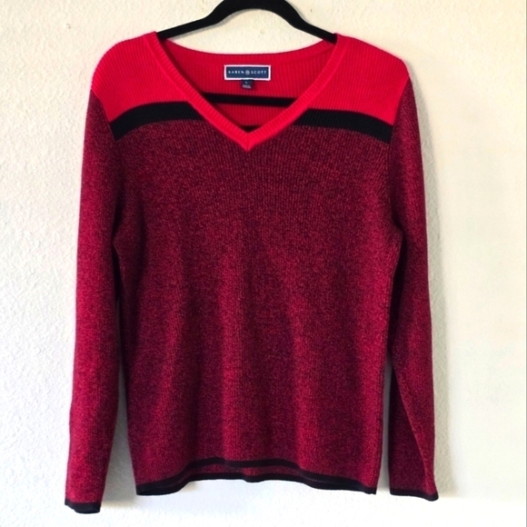 Karen Scott Sweater Womens Sz L  Contrast Varsity Striped V-Neck Colorful - Picture 1 of 9